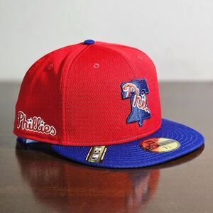New Era MLB Phillies Fitted Hat Cap 7 7/8 Red Blue 59Fifty Bating Practice New